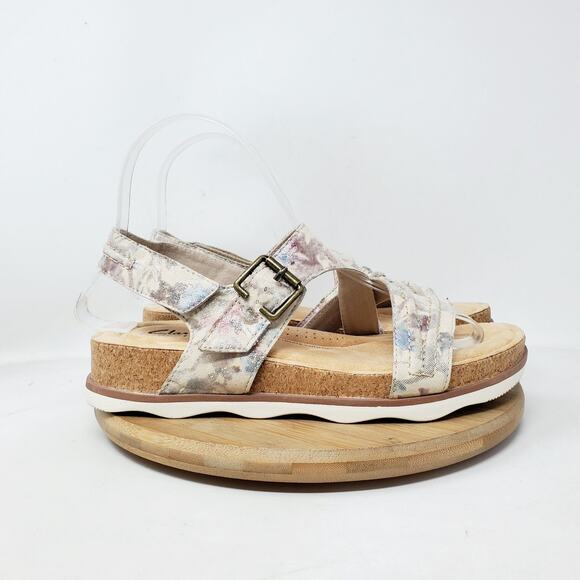 Clarks Sandals Women 7 Brynn Step Slide Floral Low Wedge Platform Comfort Shoes - Picture 1 of 13